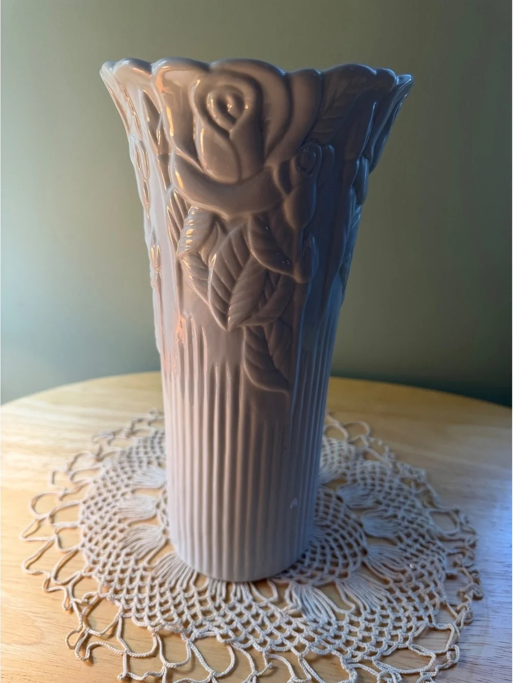 White Ceramic Flower Vase with Raised Rose Design